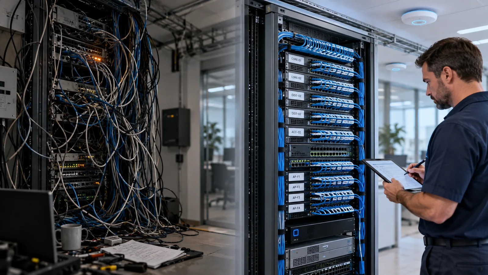 Comparação entre rack de rede desorganizado e infraestrutura organizada após diagnóstico técnico