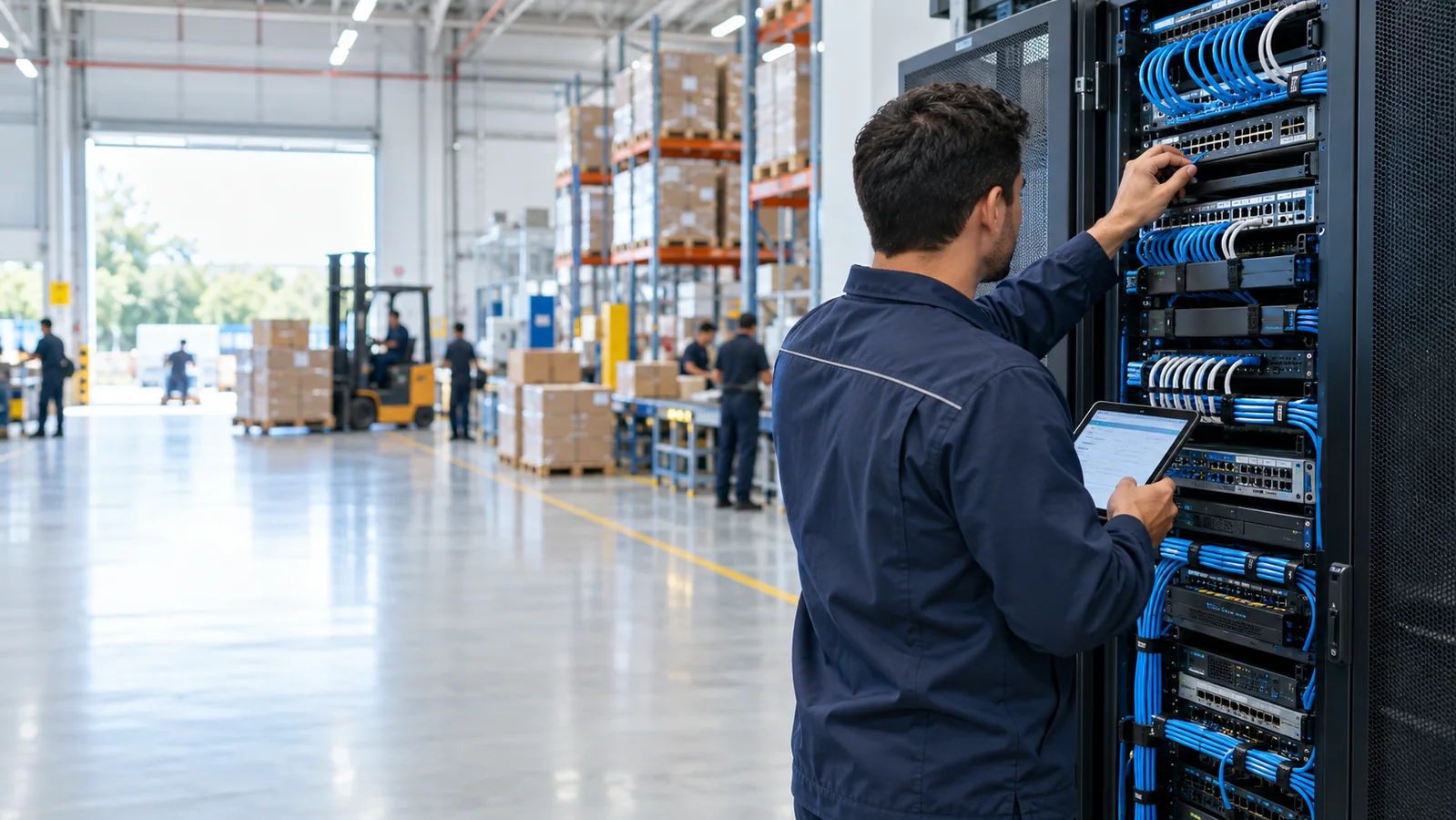 Técnico avaliando um rack de rede organizado em um centro de distribuição