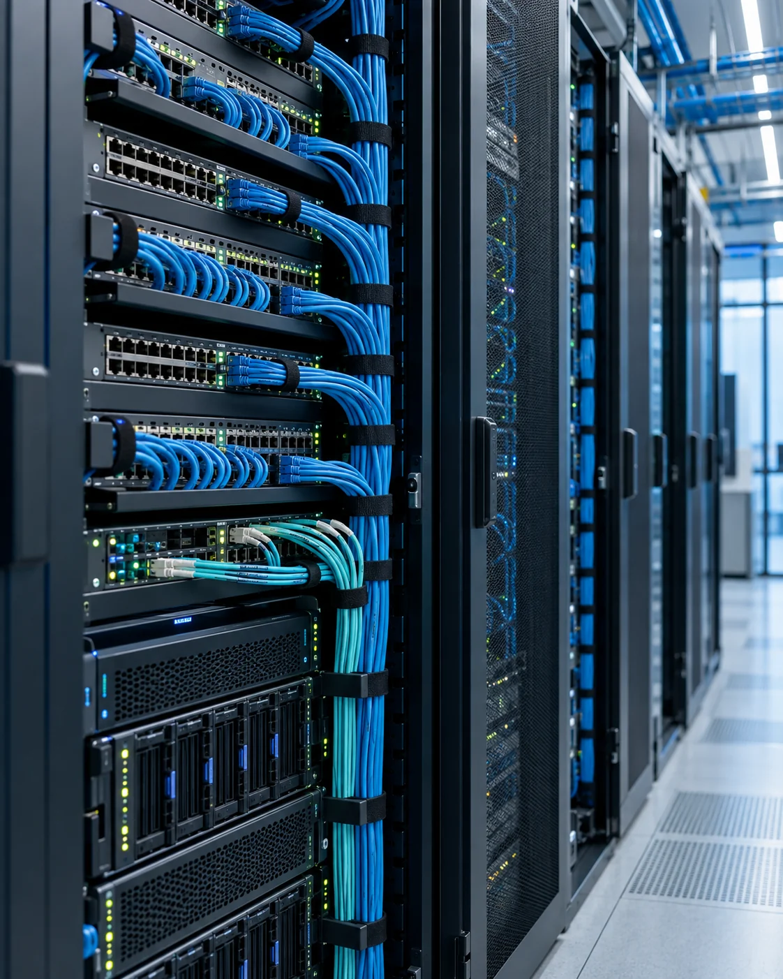 Rack corporativo com cabeamento estruturado e equipamentos de rede organizados